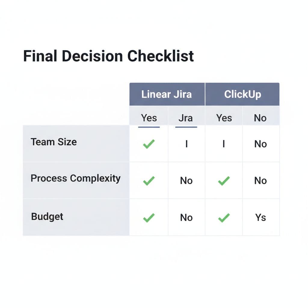 Simple decision matrix checklist for selecting Linear, Jira, or ClickUp based on team size, process complexity, and budget. Clean table format with Yes/No columns, checkmarks for best fits, neutral SaaS-style palette.