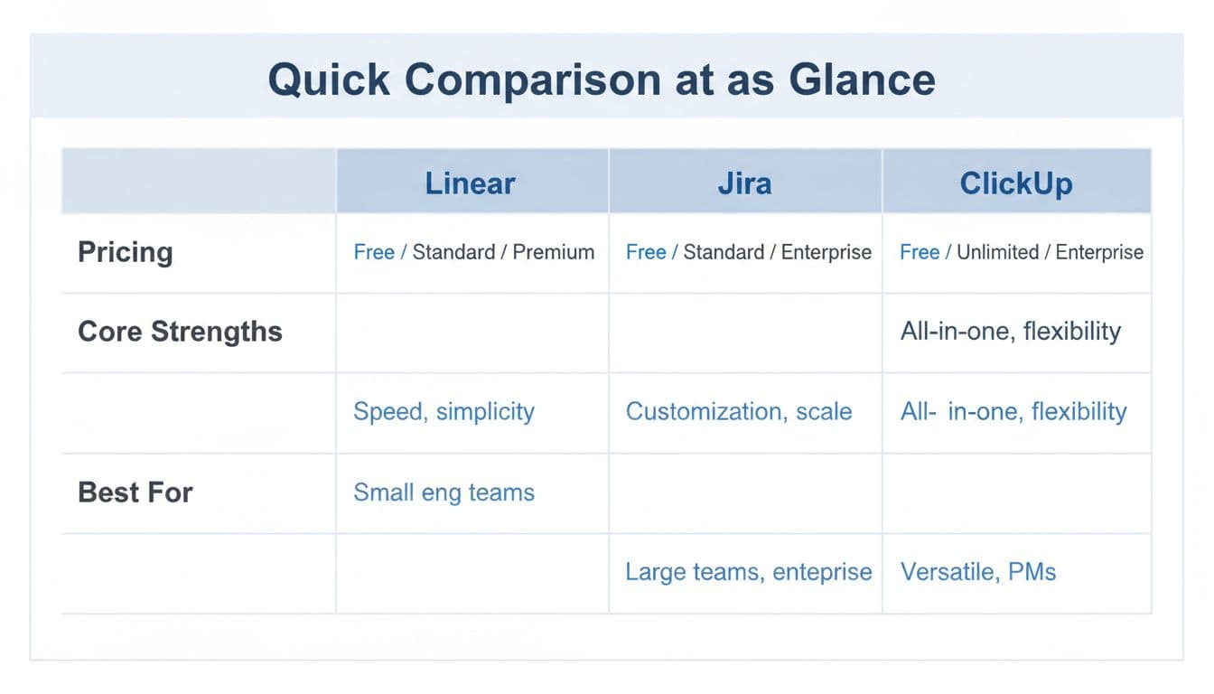 Clean minimal SaaS-style comparison table for Linear, Jira, and ClickUp, featuring columns for pricing tiers (Free/Standard/Premium), core strengths (speed/customization/all-in-one), and best for (small eng/large teams/versatile) in a simple grid layout with neutral grays, blues, and whites.