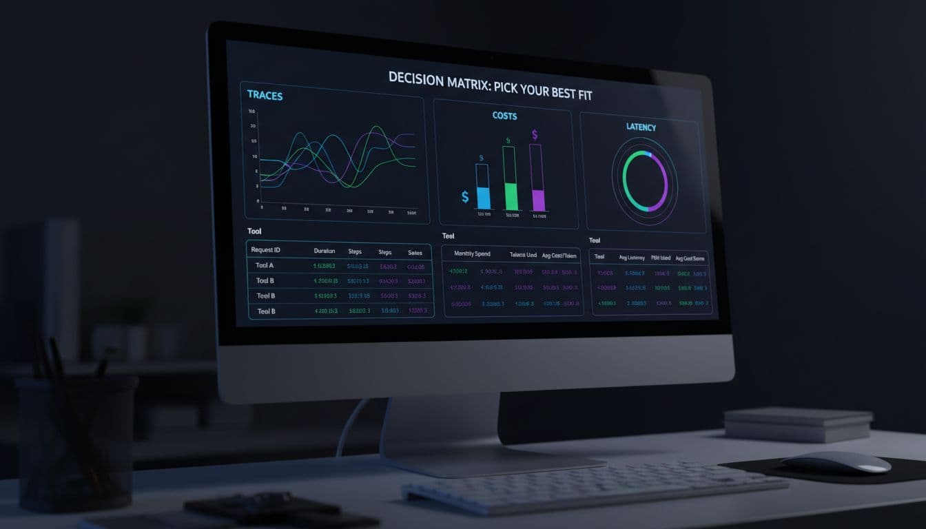 Clean modern dark mode dashboard on a computer screen showing side-by-side charts and tables comparing traces, costs, and latency metrics for three LLM observability tools, realistic angled desk view with subtle screen glow.