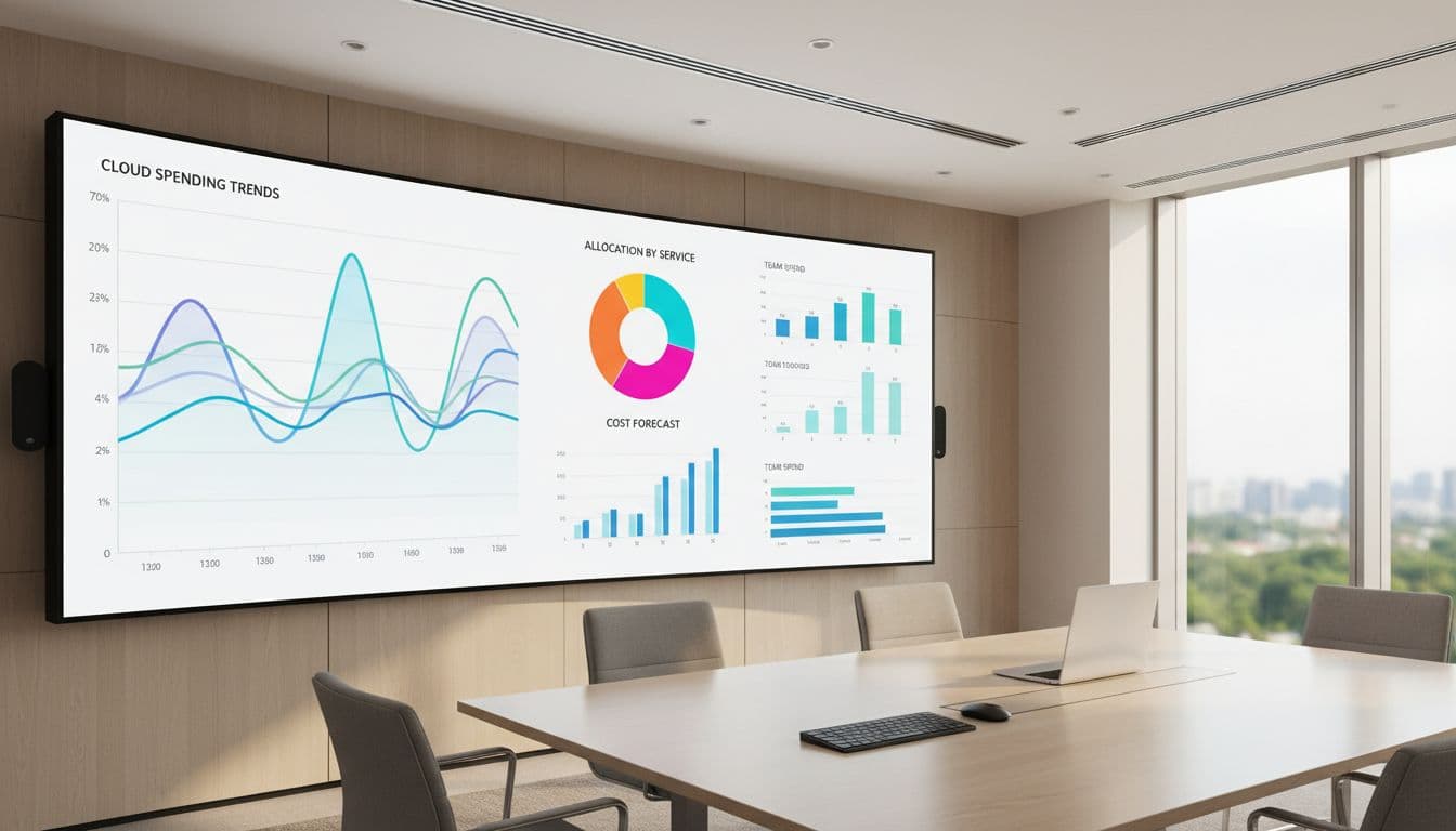Modern analytics dashboard on a large screen in a bright conference room, displaying colorful charts, graphs for cloud spending trends, allocation pie charts, and cost forecasts. Professional setup with one keyboard, mouse, soft natural lighting, one laptop nearby, realistic style, no people visible.