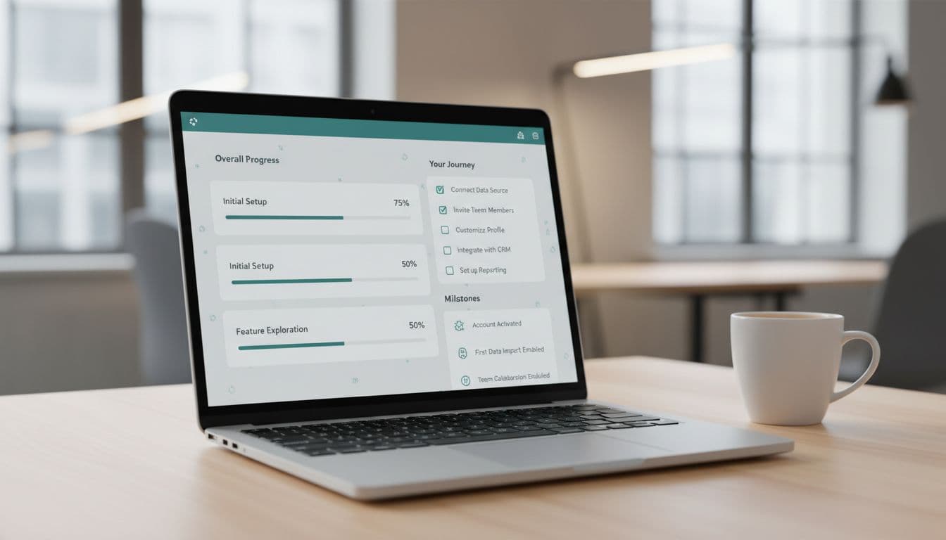 Clean modern SaaS onboarding dashboard interface with progress bars, tasks, and milestones on a laptop screen in a professional workspace with one coffee mug and soft office lighting.