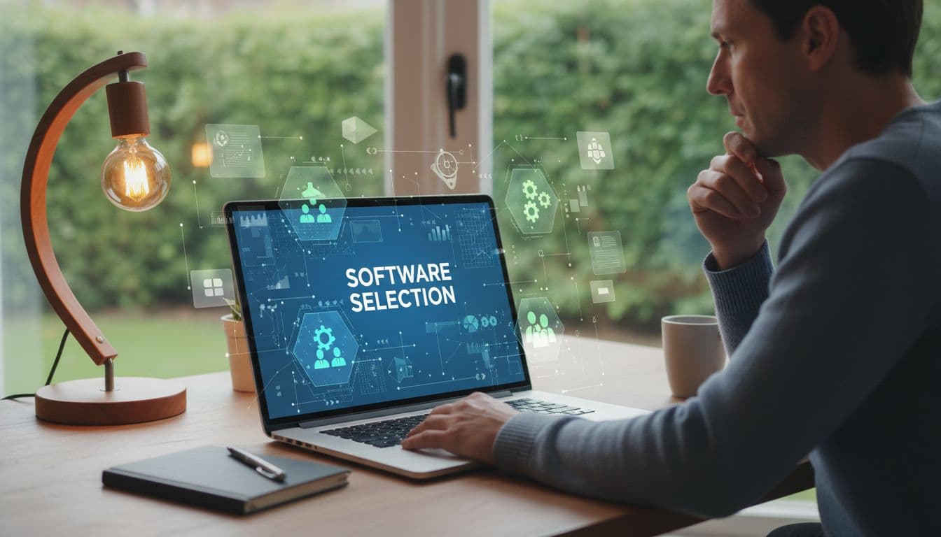 SaaS manager at home office desk thoughtfully choosing onboarding software on open laptop with floating abstract icons of projects and teams, relaxed pose with two hands visible, warm lamp lighting in realistic photo style.