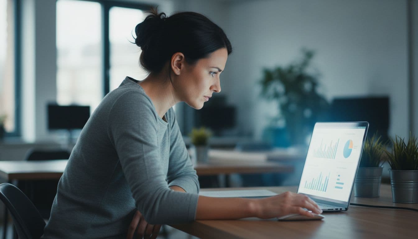 Sales team member at a desk in a modern office setting, intently reviewing an analytics dashboard on their laptop screen with a focused glow and soft natural lighting.