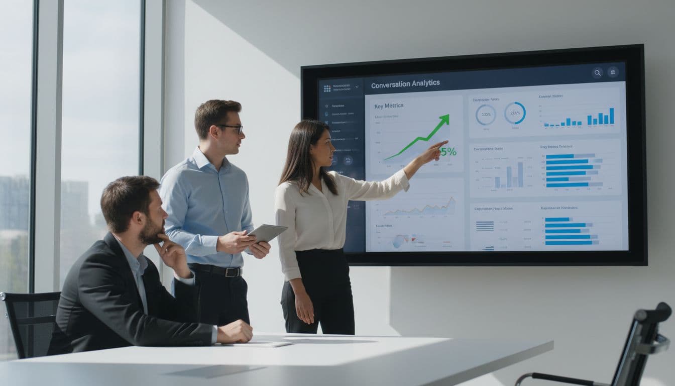 A sales team of exactly three people in a modern office reviews a conversation analytics dashboard on a large screen, with one person pointing at key metrics under natural daylight lighting.