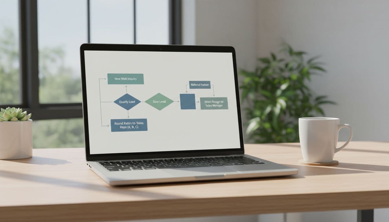 A clean office desk with a laptop open to a lead routing dashboard showing simple flowcharts for leads to sales reps, coffee mug nearby, natural daylight lighting, modern minimalist style.