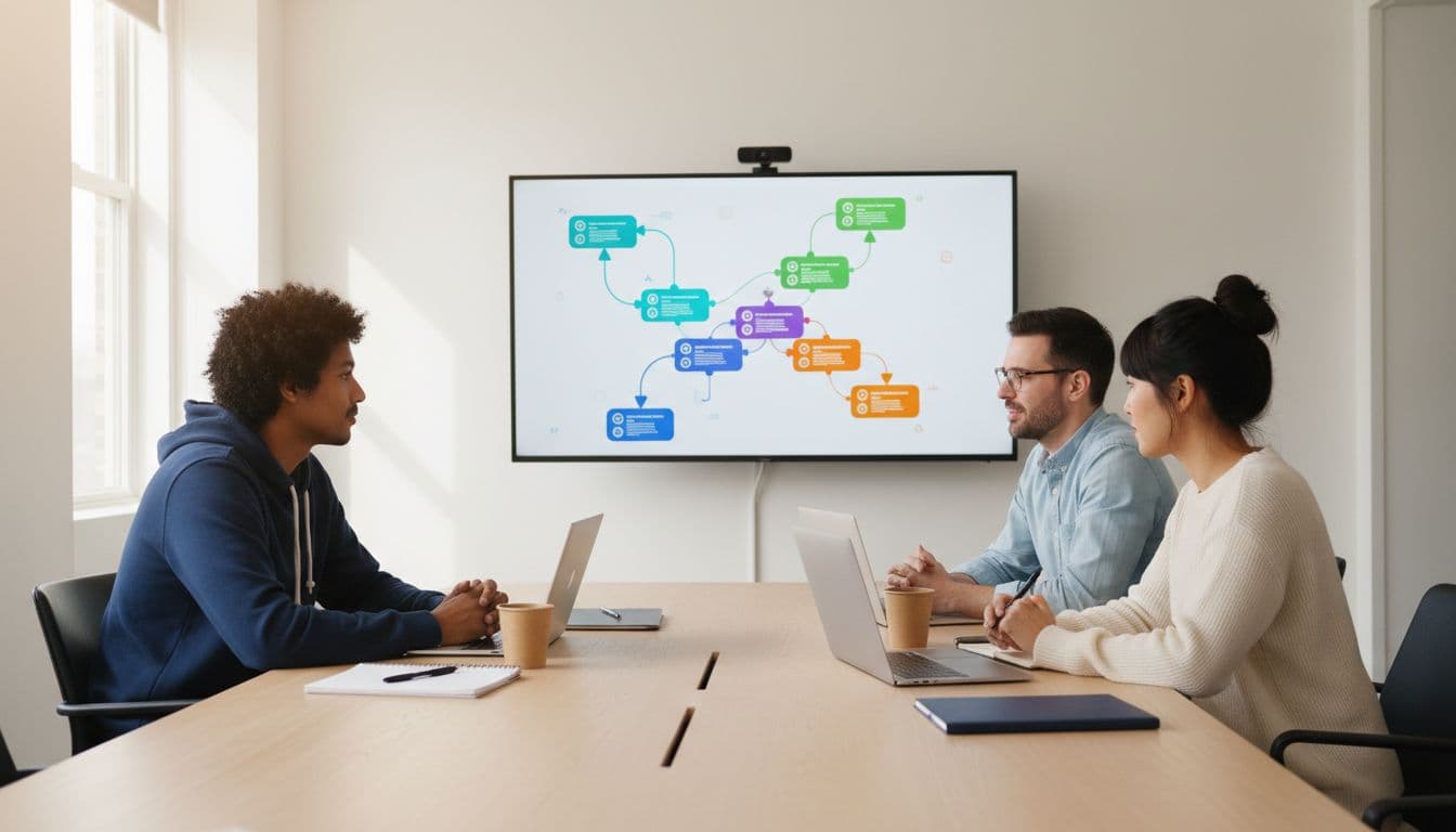 A small early-stage B2B SaaS sales team of three diverse professionals collaborates around a conference table in a startup office, reviewing abstract sales pipeline stages on a large monitor with deal icons, laptops and notes scattered in a relaxed atmosphere.