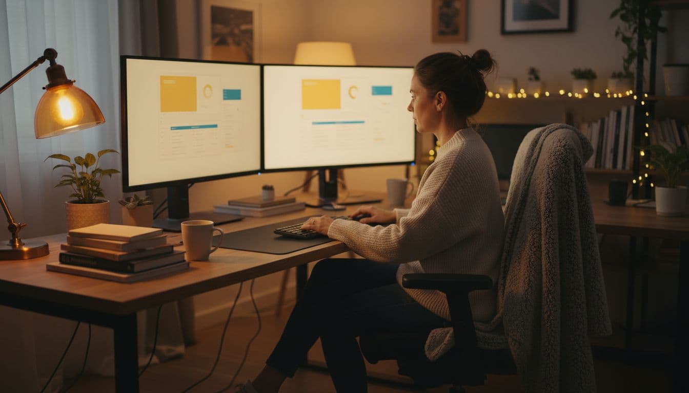 A small business owner works alone at a cozy home office workstation with multiple screens displaying blurred sales sequences and prospects lists, hands resting on desk under warm lighting.