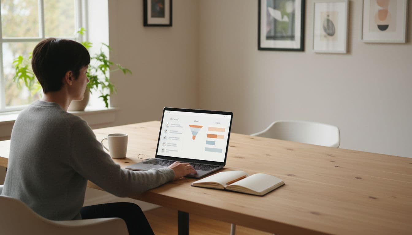 A solo startup founder sits relaxed at a modern wooden desk in a bright home office, with a laptop open to a clean CRM interface displaying a contact list and simple pipeline, coffee mug and notebook nearby, illuminated by natural window light.