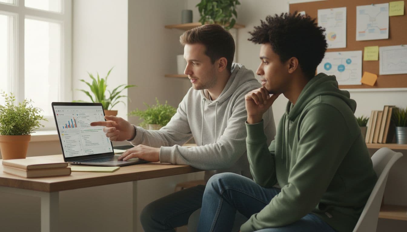 Two founders from a small SaaS sales team collaborate in a home office, discussing sales call insights on a laptop with one relaxedly pointing at the screen. Casual setting includes plants and notes, realistic photo with soft natural light, exactly two people.