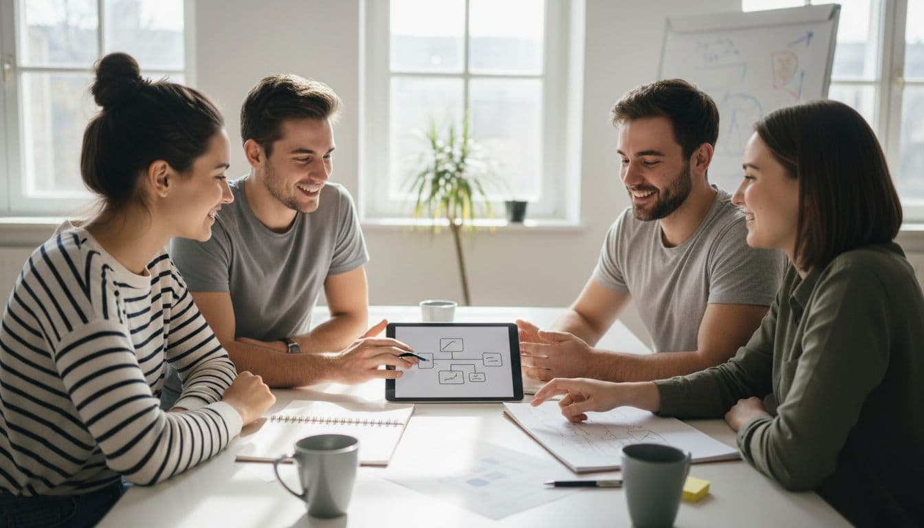 A small startup team of four collaborates around shared sales call notes on a tablet and notebook in a casual meeting room bathed in bright natural light.