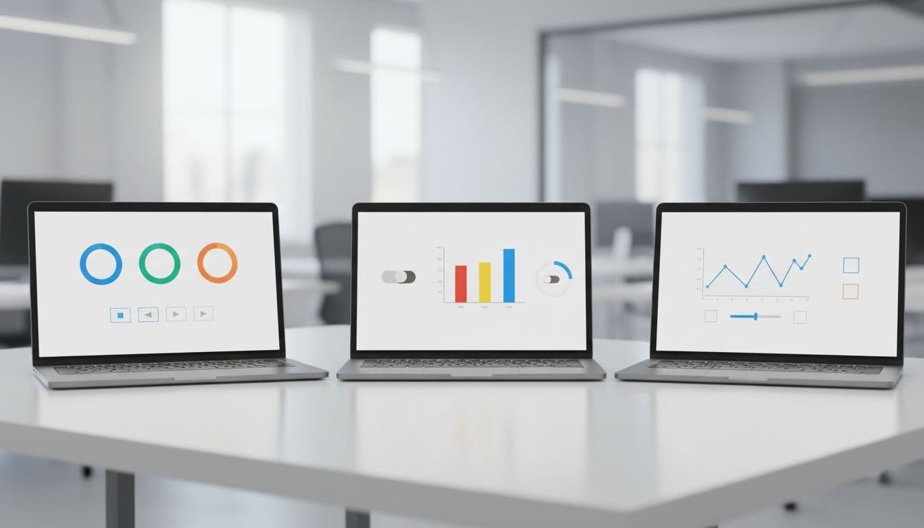 Three modern laptop screens side by side on a clean desk, each showing simplified demo interfaces with buttons and charts under bright office lighting.