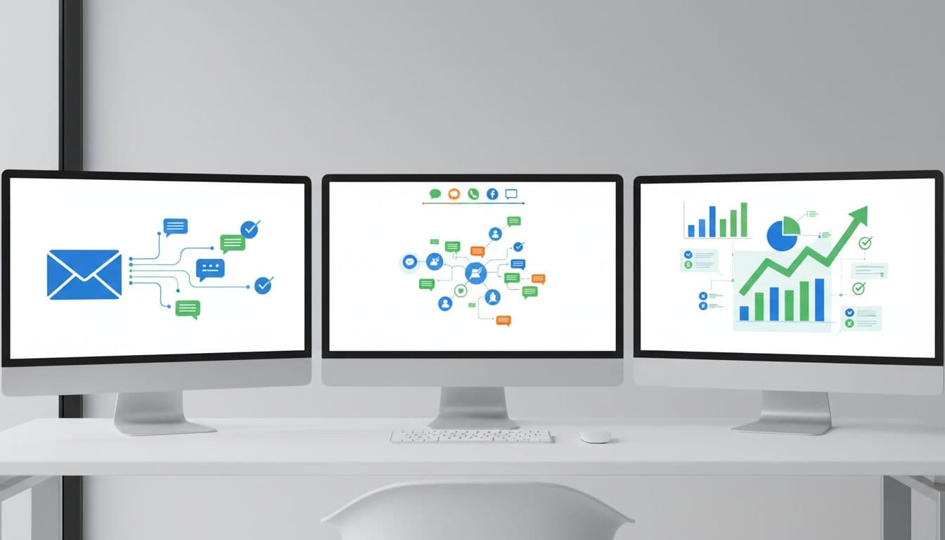 Three side-by-side computer screens in a minimalist workspace displaying abstract representations of AI chat interfaces resolving tickets with email integration, multichannel icons, and analytics charts. Top-down realistic photo in bright office lighting, no people or text.
