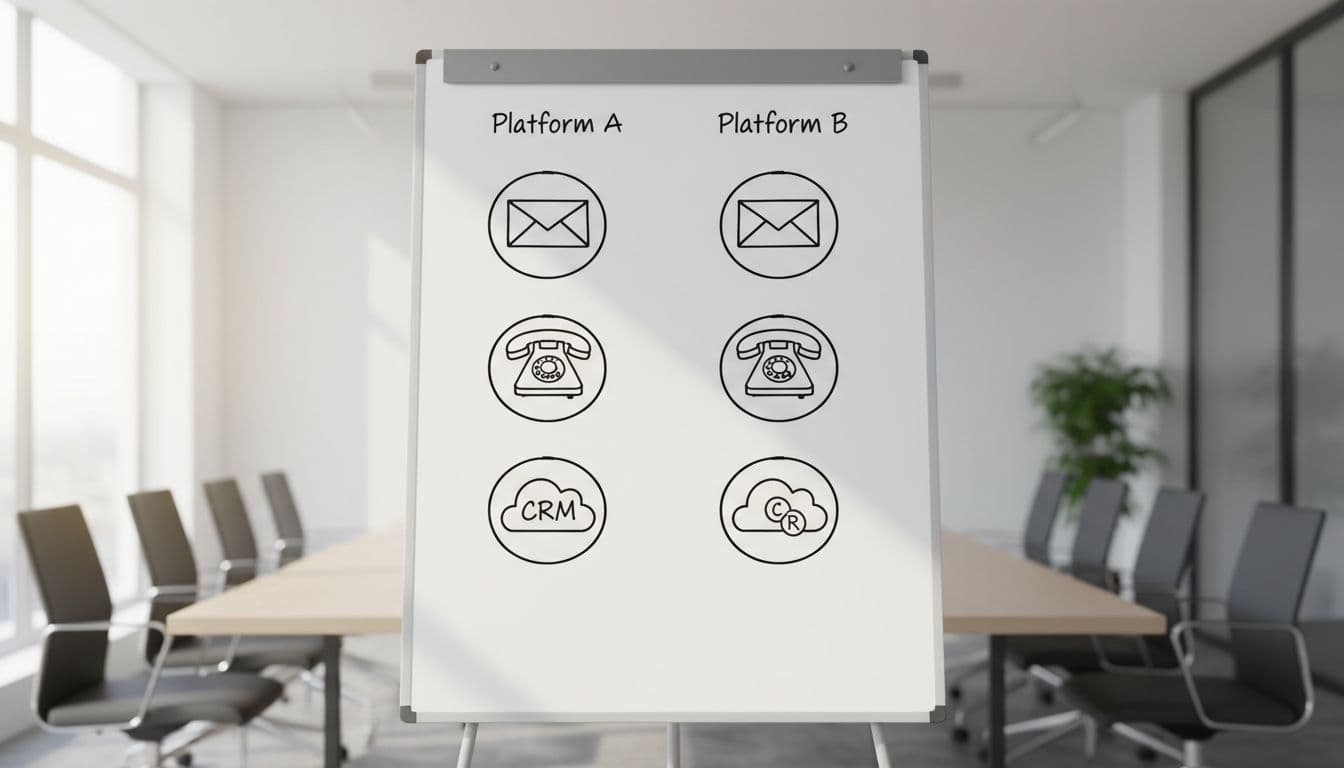 Simple hand-drawn comparison chart on a whiteboard in a conference room featuring icons for email, phone, and CRM, with bright daylight lighting and centered composition.
