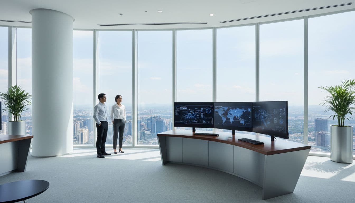 Two professionals stand relaxed in modern Petronas Tower 1 office, viewing energy maps on large screens with Malaysian skyline through windows.