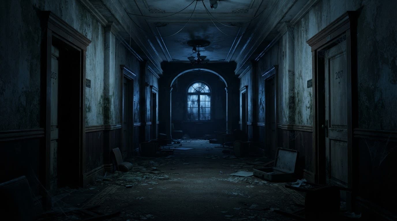An empty hotel hallway glowing with blue light and surrounded by deep shadows.