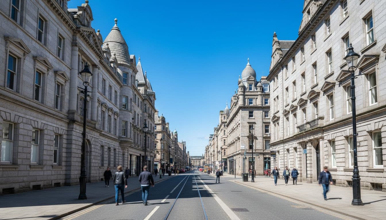 Wide street in Aberdeen city centre lined with pale grey granite buildings under clear sky.