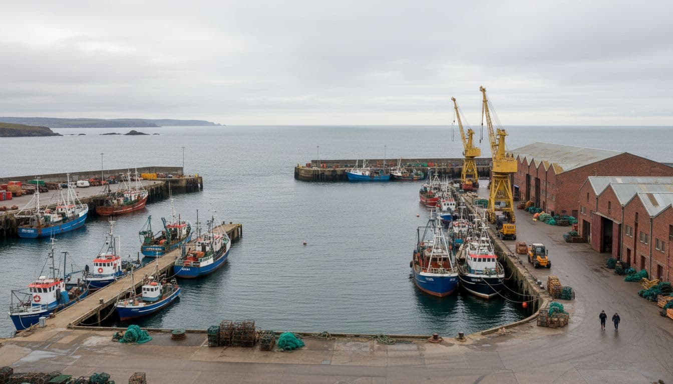 Fishing boats moored at Aberdeen harbour docks with cranes, warehouses, grey sea, cloudy sky, and distant coastline.