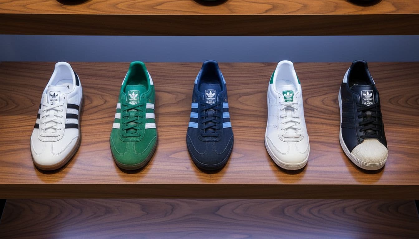 Curated top-down display of five classic Adidas trainers (Samba white/black, Gazelle green, Spezial navy, Stan Smith white/green, Superstar black/white) on a luxury wooden shelf in an upscale boutique.