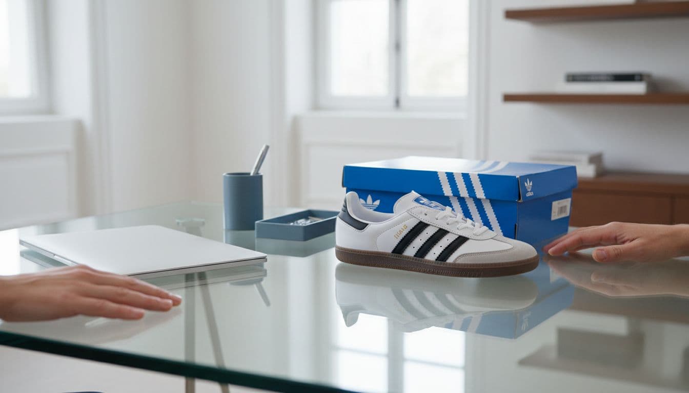 Close-up of fresh Adidas Samba trainers beside their original box and slim laptop on a glass desk in a bright luxury home office, with soft lighting and relaxed hands on the desk.