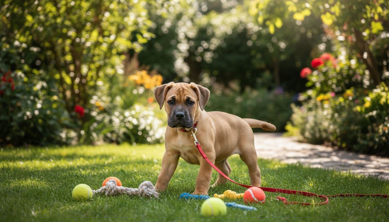 An adorable Cane Corso puppy plays gently with chew toys and balls in a sunny garden, attached to a short lead, displaying healthy growth and a relaxed training environment.