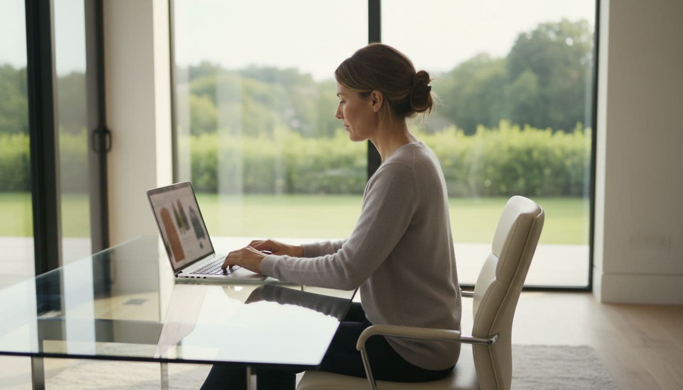 Adult in relaxed posture browses clothing options on laptop at glass desk in modern home office with large windows.