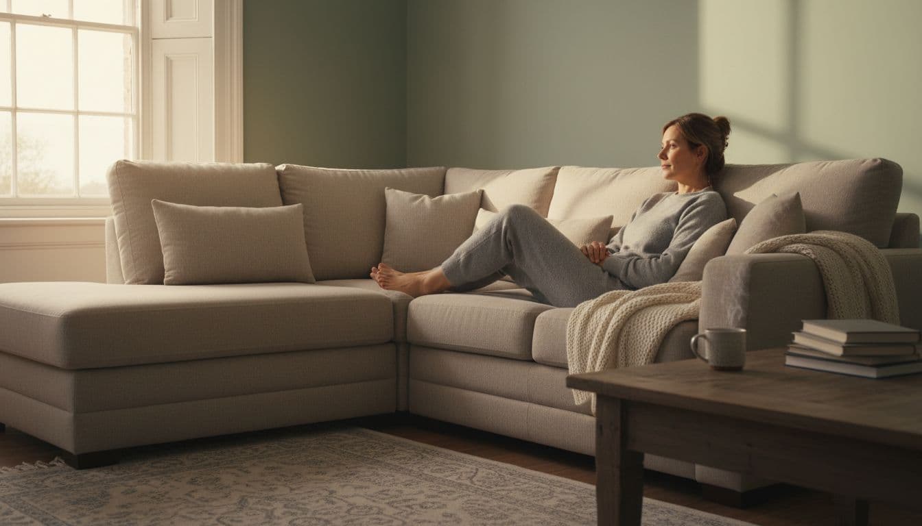 A single adult relaxes deeply into the cushions of a corner sofa bed in a cosy UK living room, with excellent back support, legs on the chaise end, and neutral fabric under soft afternoon light from the window. Books and a mug sit nearby in this realistic photo of everyday lounging comfort.