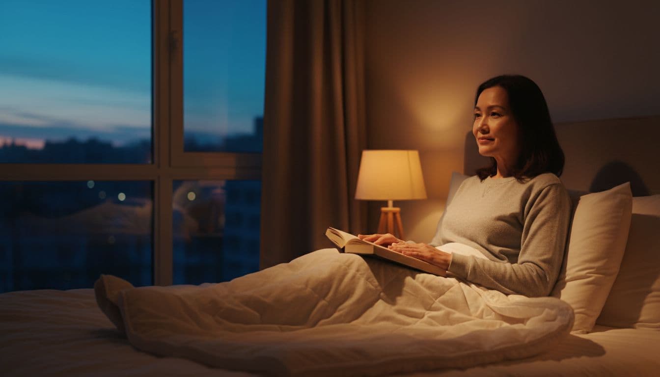 One adult relaxing in a cosy bedroom at evening, sitting on bed with closed book on lap, soft bedside lamp light casting warm glow, calm peaceful expression.
