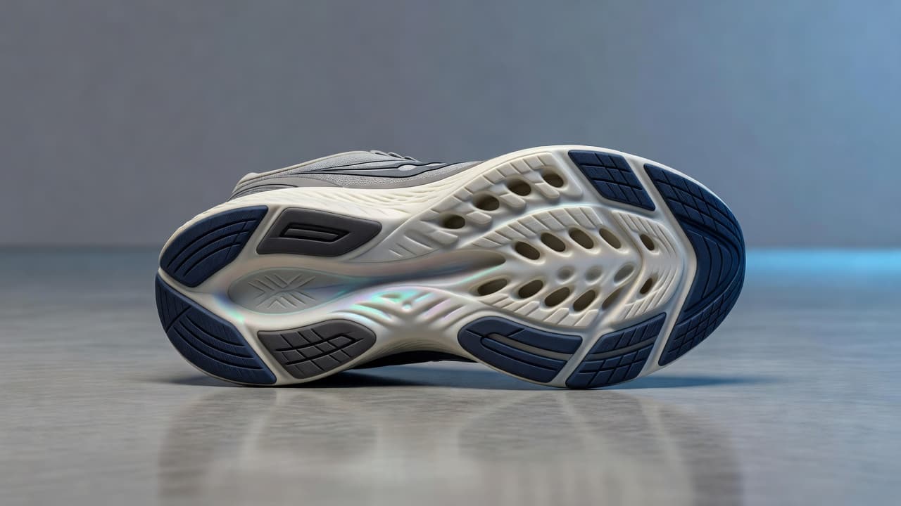 A detailed high-angle view showcases an advanced white foam midsole with textured contours resting on a polished gray surface. Soft blue studio lighting highlights the intricate patterns and material density.