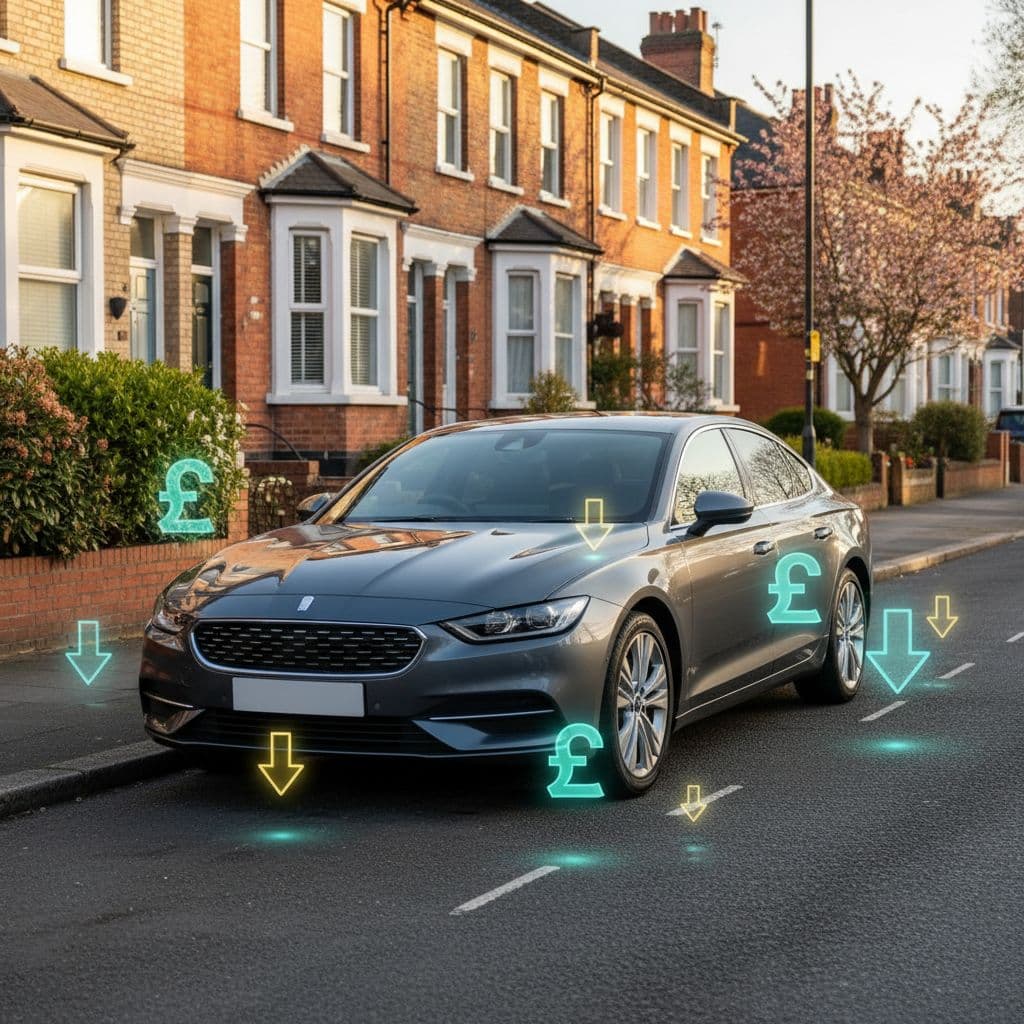 Modern family car parked on a UK street with savings icons around it