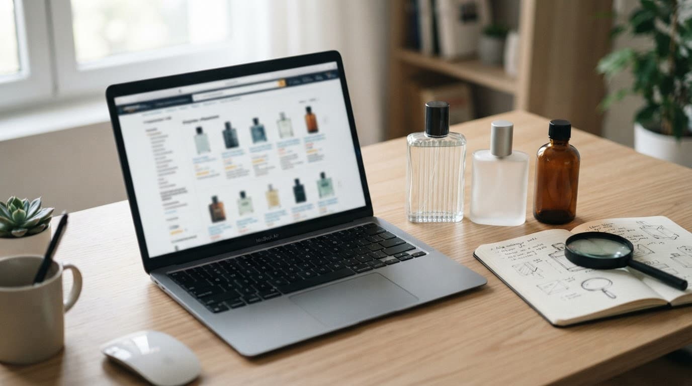Laptop, three aftershave bottles, notebook, and magnifying glass arranged on a desk.