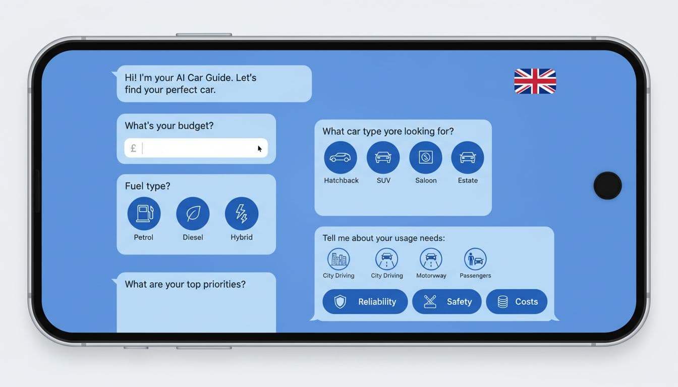 Digital illustration of an AI car buyers guide chat interface on a smartphone