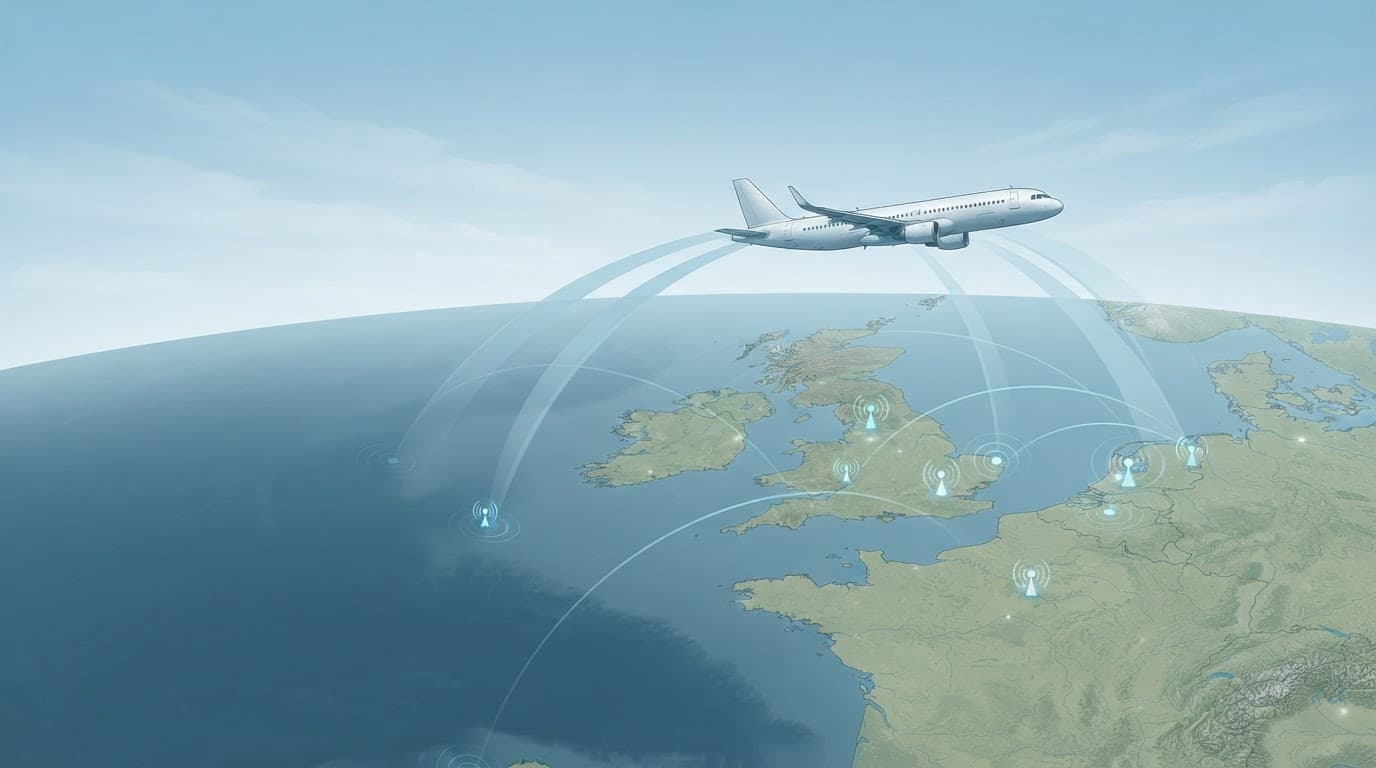 One passenger plane flies over a blue-green map of the UK and Europe with tracking arcs and receiver markers.