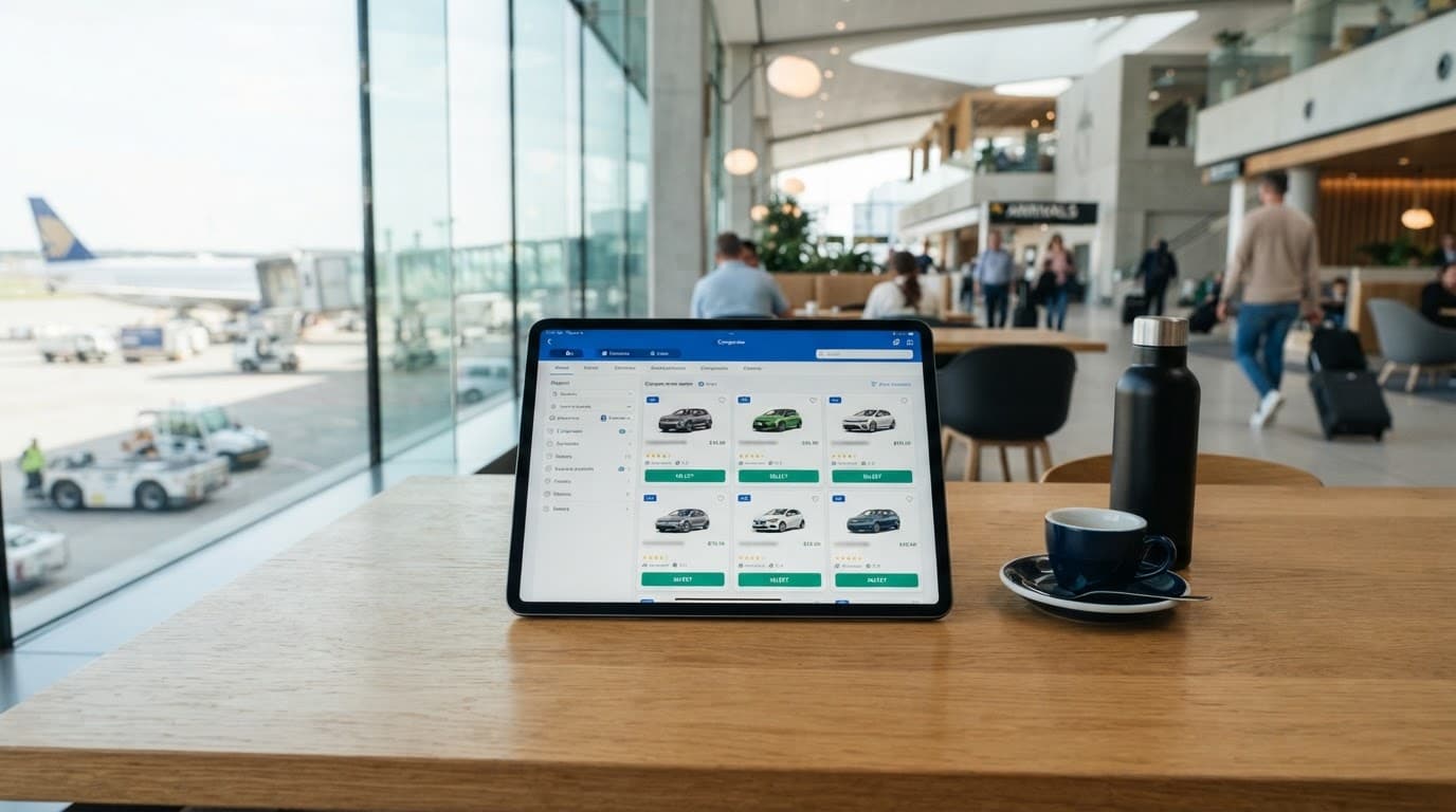 Skyscanner: Compare Flights, Hotels and Car Hire 3 Tablet showing car rental options on a wooden table in a bright airport.