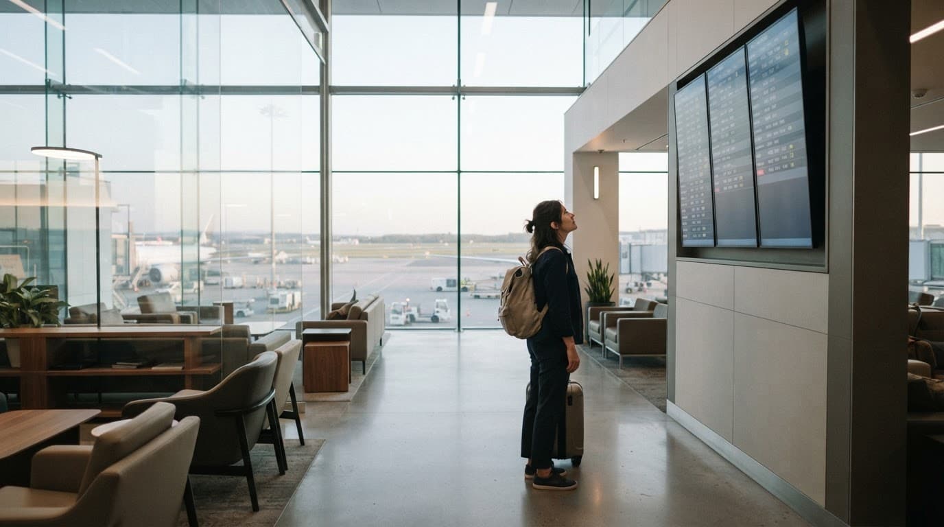 Flights Guide: How to Choose and Book the Right Holiday Flight 1 A traveller checks flight schedules in a bright modern airport lounge.