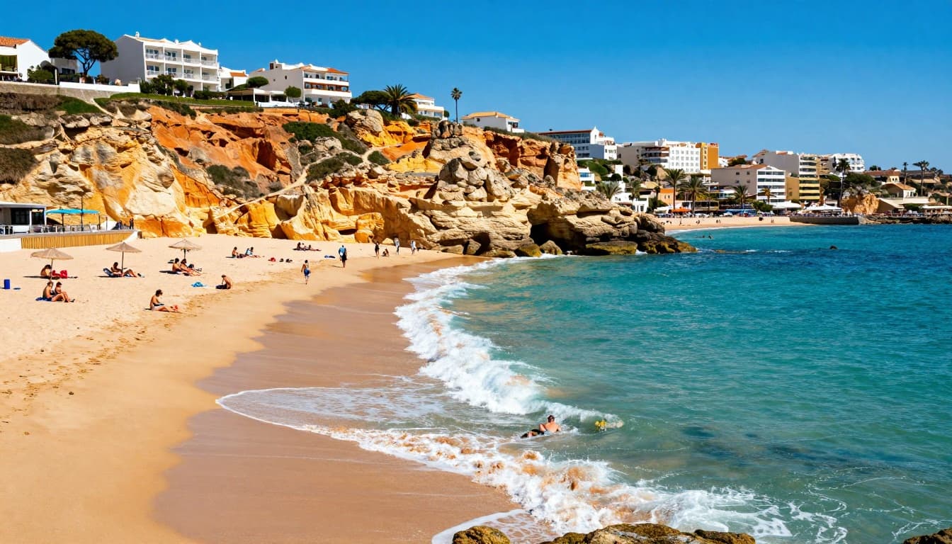 Vibrant Central Algarve coastline near Albufeira showcases golden sandy beaches backed by striking orange cliffs and turquoise sea with gentle waves. People relax under scattered parasols amid palm trees, luxury villas on hills, under a bright sun and vivid blue sky, capturing a lively summer vibe.