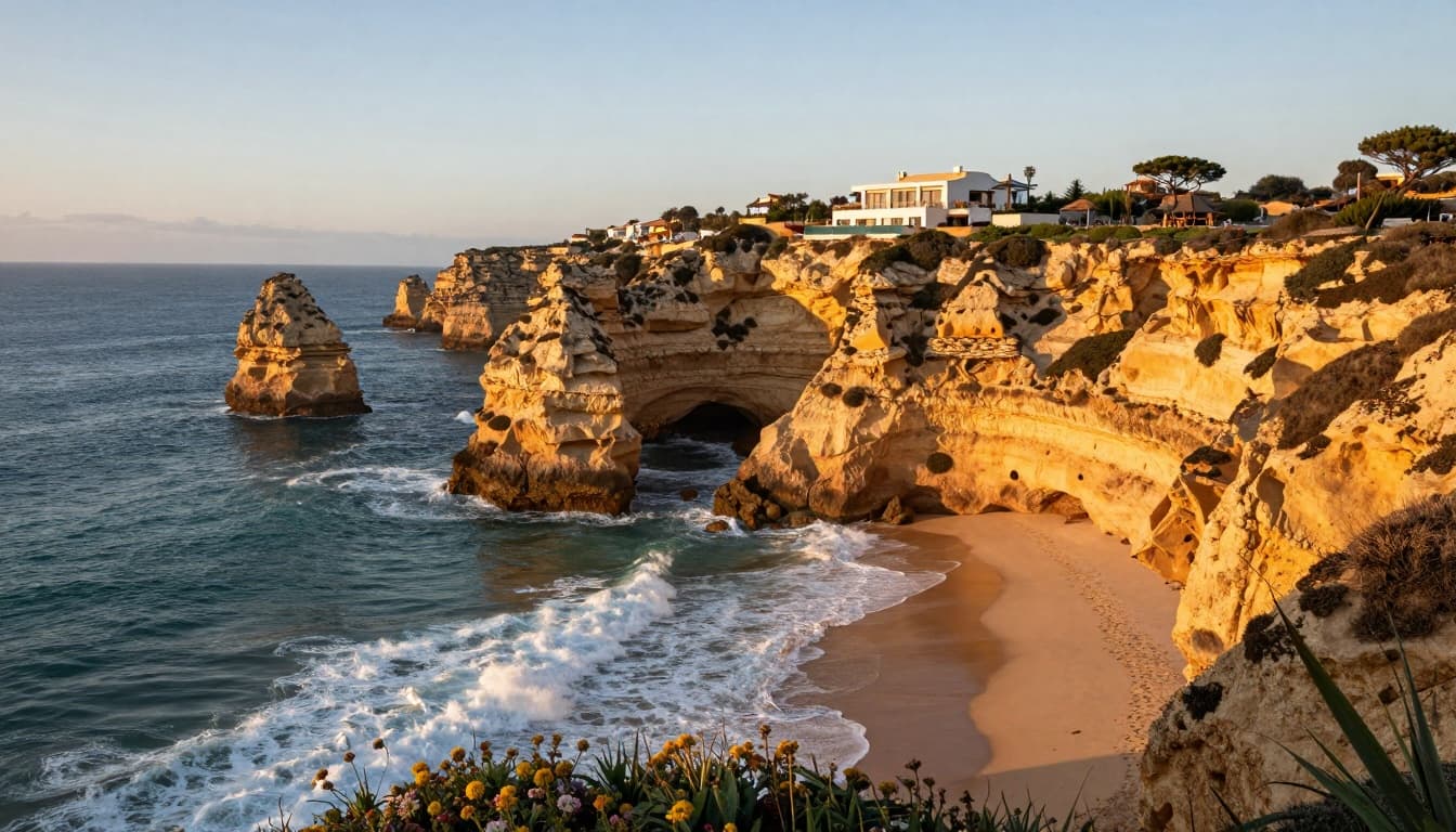 Towering golden cliffs in Western Algarve at Lagos plunge into the crashing Atlantic Ocean, featuring a secluded sandy cove beach and a modern villa with pool on the clifftop, illuminated by late afternoon sunlight with wildflowers and long shadows.