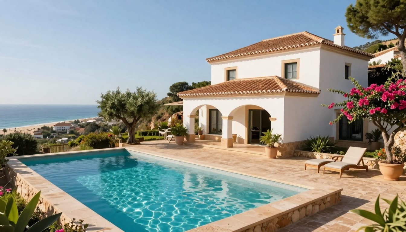 A luxurious Algarve villa on a hillside features a sparkling private pool, traditional Portuguese architecture, lush gardens, and panoramic views of the Atlantic Ocean and beaches under a sunny sky.