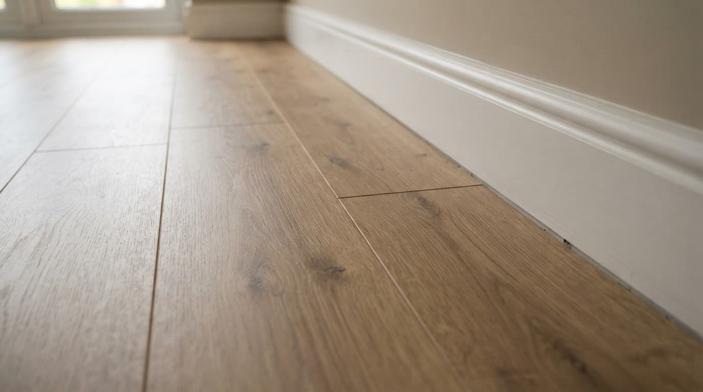 Wood effect vinyl click flooring with aligned joints and a narrow gap beside the skirting board.