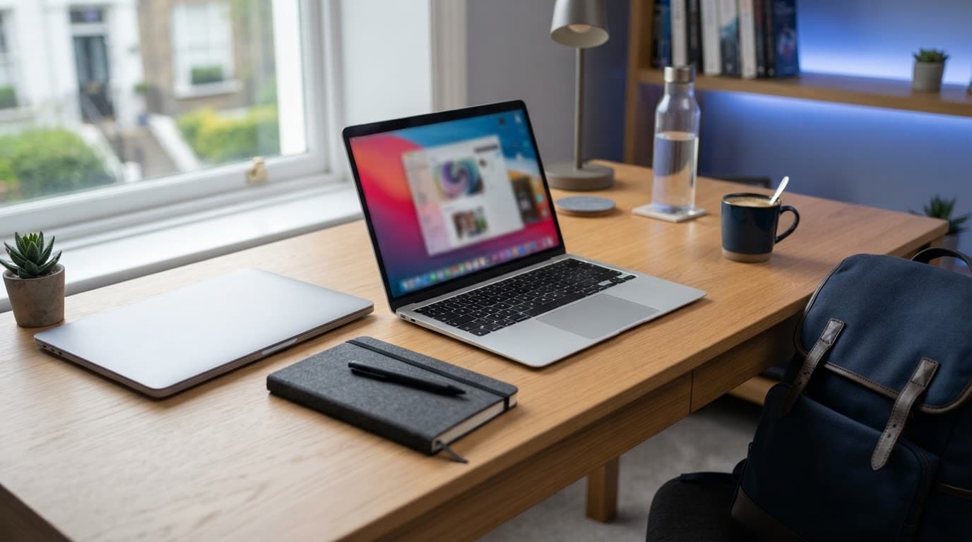 Apple MacBook Review: Air or Pro, Which Model Offers Better Value? 3 Two laptops sit on a tidy desk beside notebooks and coffee.