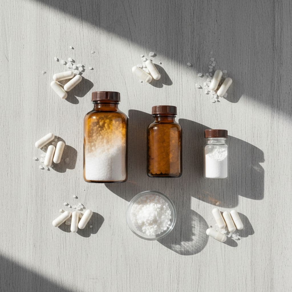 A selection of amber glass supplement bottles and scattered white capsules on a wooden surface, representing common MSM packaging.
