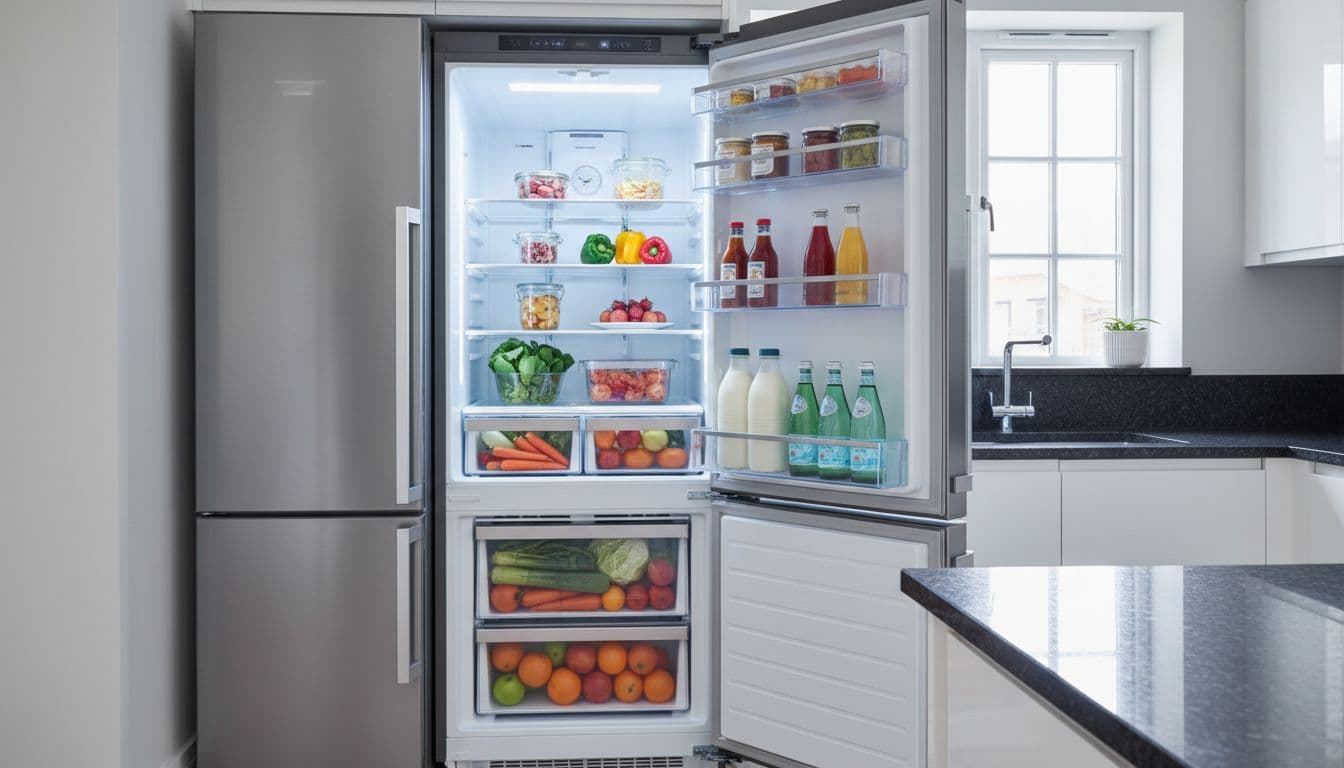 Right door open on a tall American-style fridge freezer in a contemporary UK kitchen, displaying spacious organized fridge shelves with fresh food and drinks, freezer on left, granite worktop, LED lighting, cool blue tones.