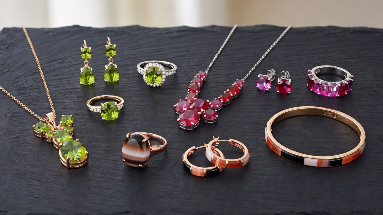 Peridot, spinel, and sardonyx jewellery arranged on dark slate.