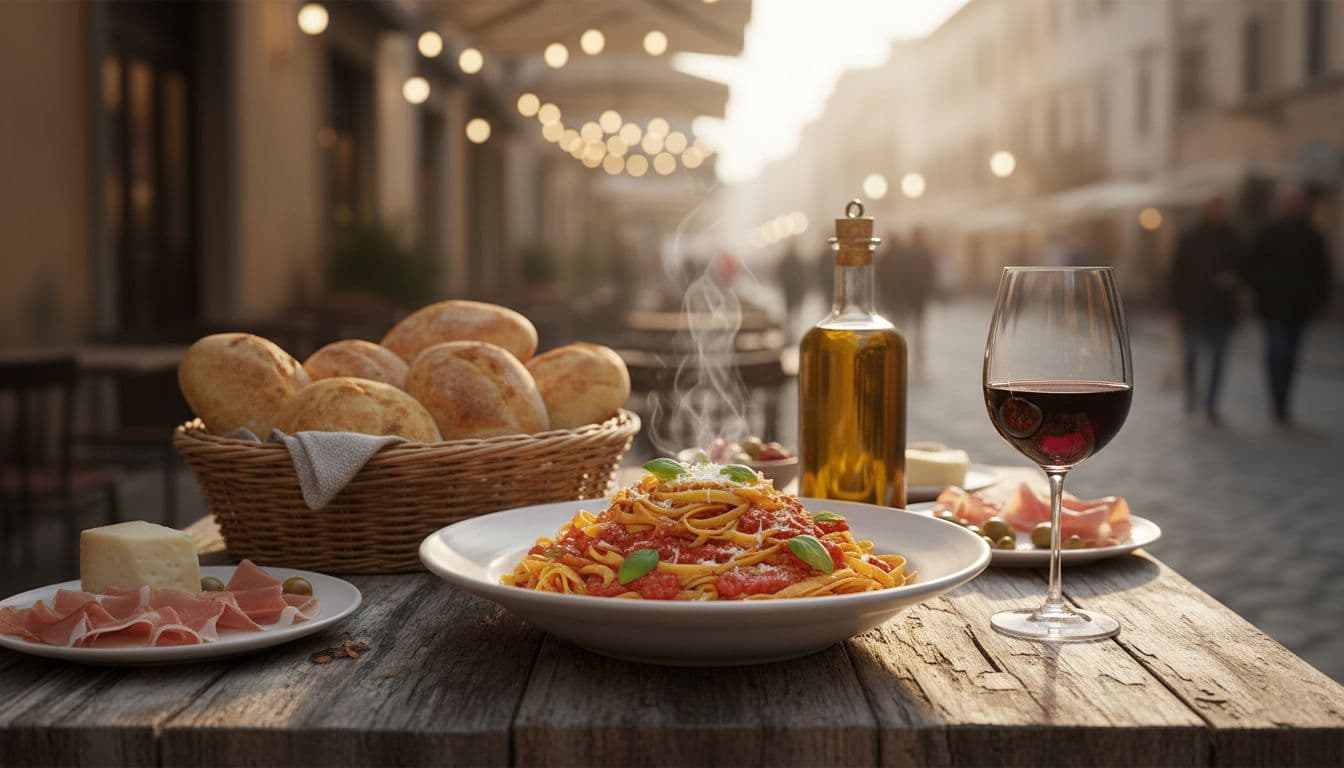 A weathered wooden table features bowls of fresh pasta, crusty bread, and olive oil under warm light. A glass of red wine sits nearby, overlooking a blurred European street scene.