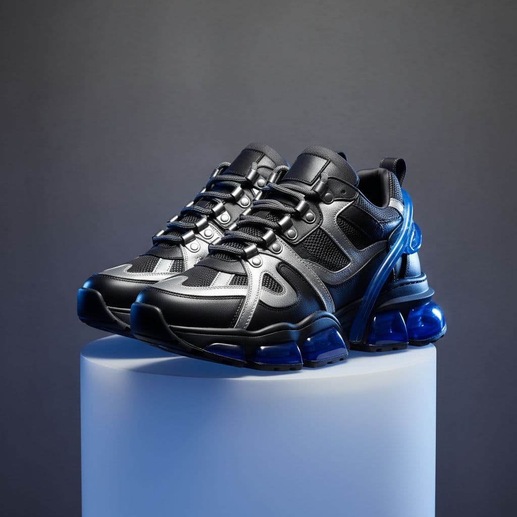 A close-up view of sculptural high-end sneakers displayed on a clean minimalist pedestal.
