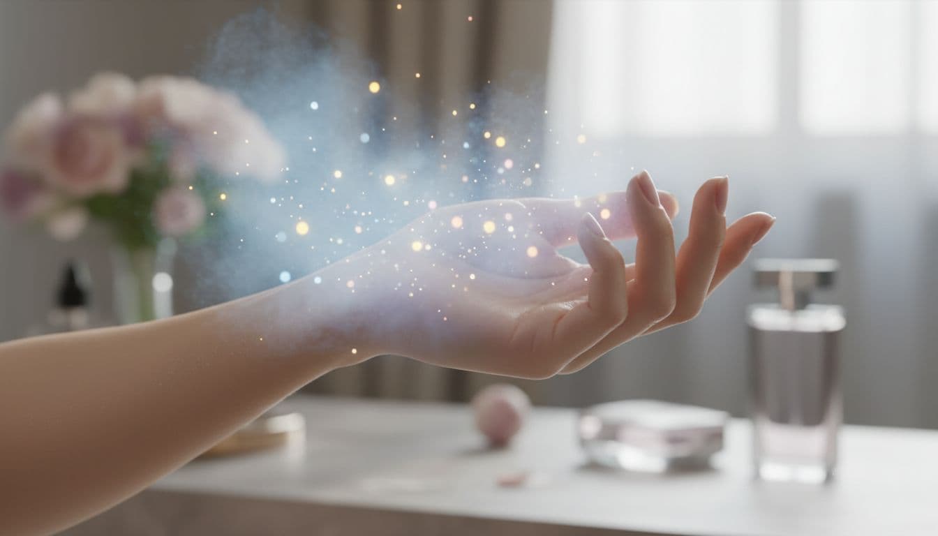 Close-up of woman's bare wrist with misty fragrance aura, dewy skin, and subtle blue glow.