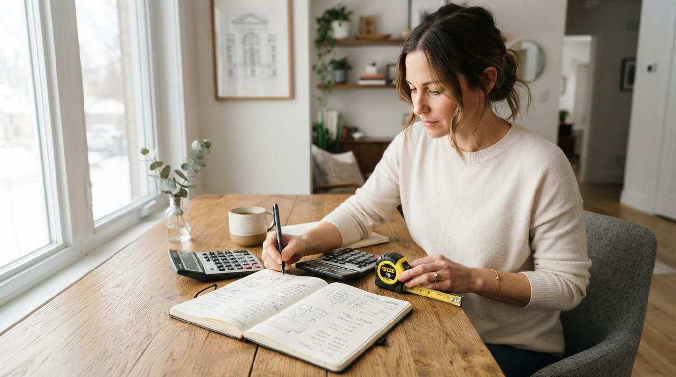Bathroom Replacement Guide: Costs, Layouts and Online Buying Tips 3 Notebook, pen, calculator, and tape measure arranged on a wooden desk.