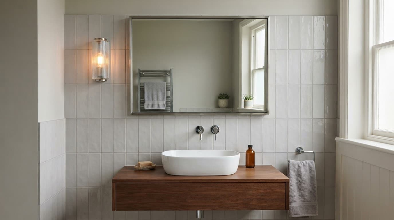 Bathroom mirror positioned above a basin with clear space around the taps.
