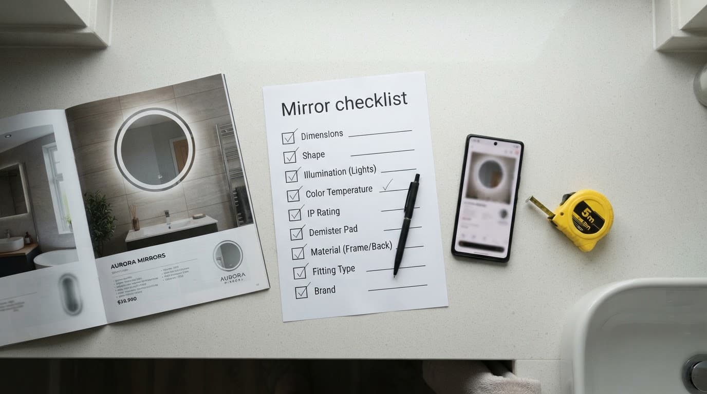 Mirror checklist with a catalogue, smartphone, and tape measure on a pale worktop.