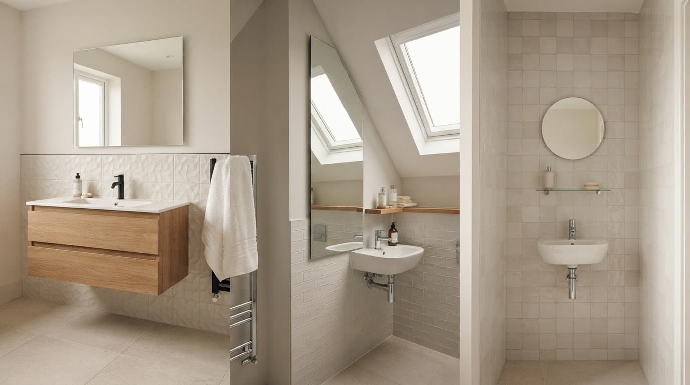 Modern bathroom collage with a basin and three mirrors in different shapes.