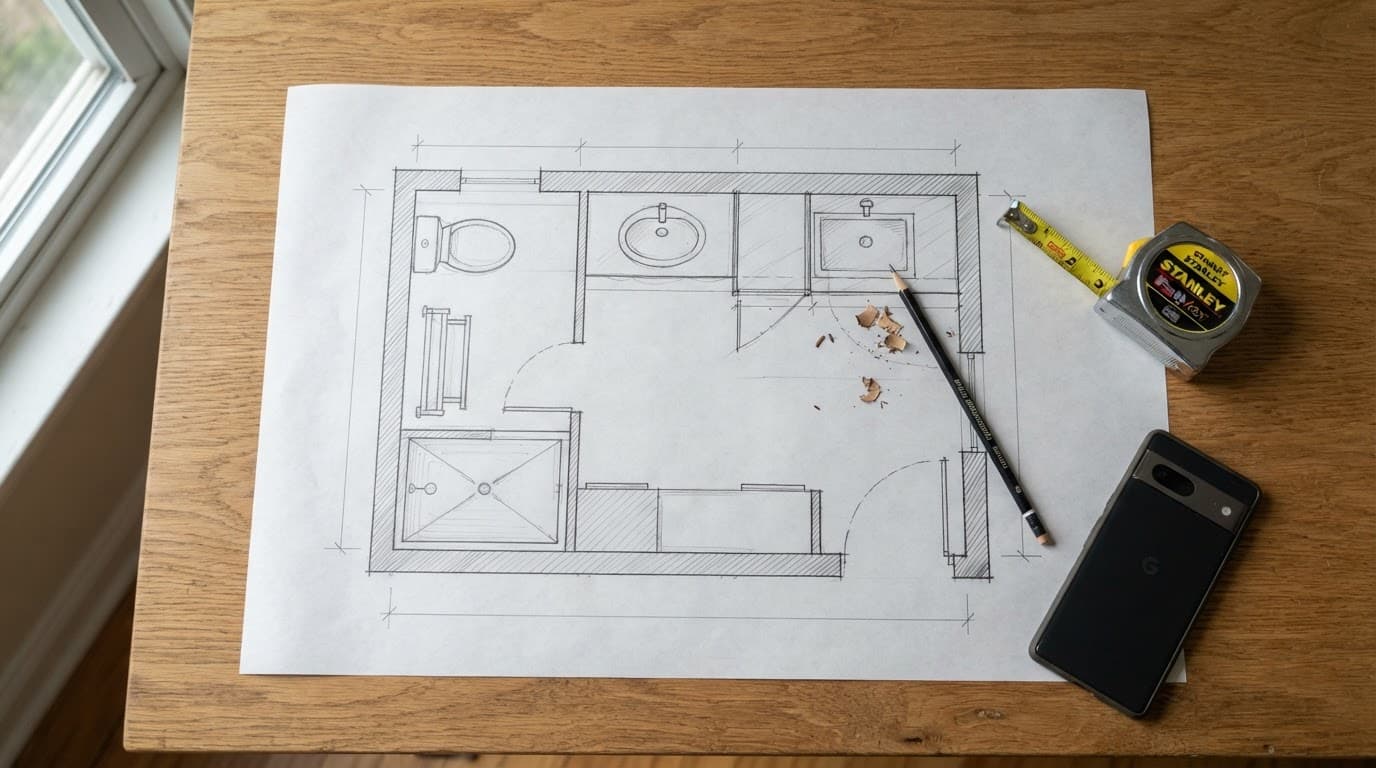 Bathroom Replacement Guide: Costs, Layouts and Online Buying Tips 1 Bathroom layout sketch with a tape measure, pencil, and smartphone on a wooden desk.